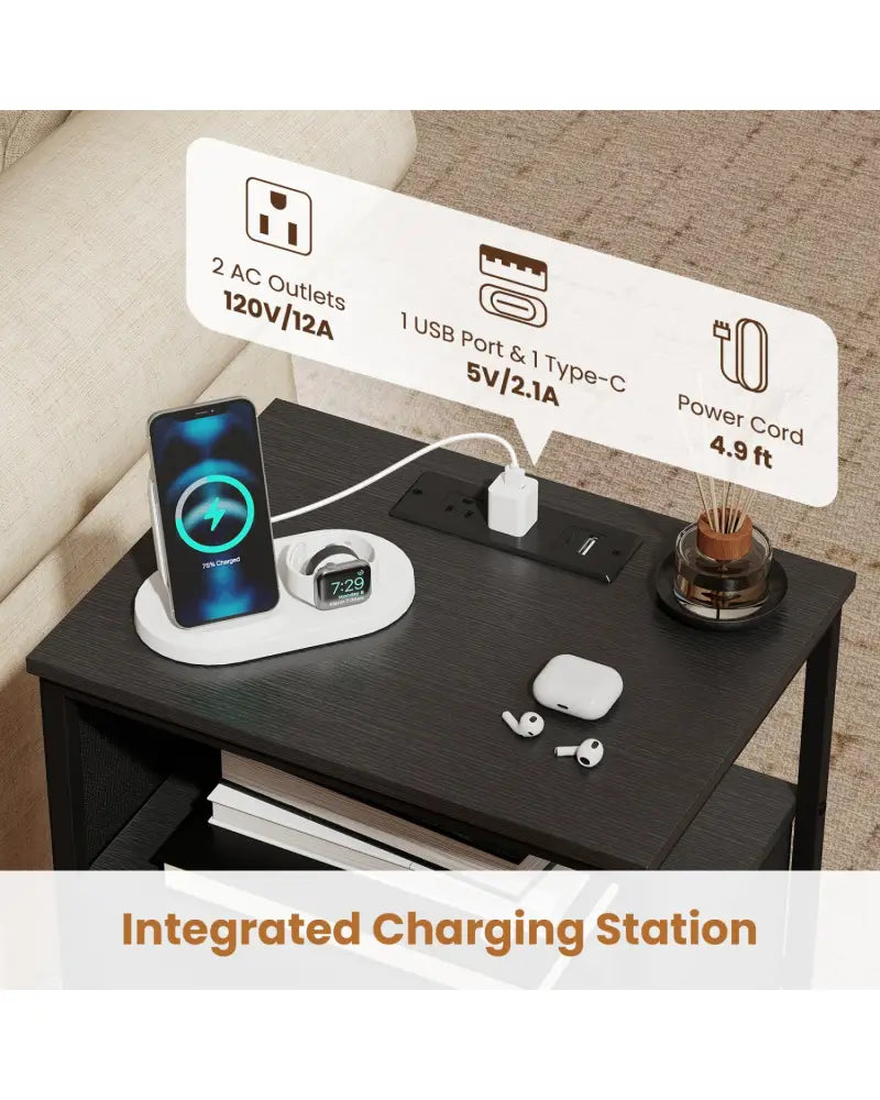 Nightstand with Charging Station 27.5 inch Modern Bedside Table with 3 Fabric Drawers-Black - Black - Nightstands
