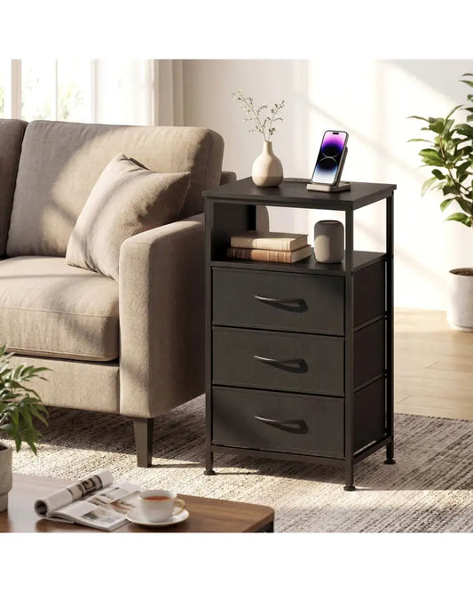 Nightstand with Charging Station 27.5 inch Modern Bedside Table with 3 Fabric Drawers-Black - Black - Nightstands