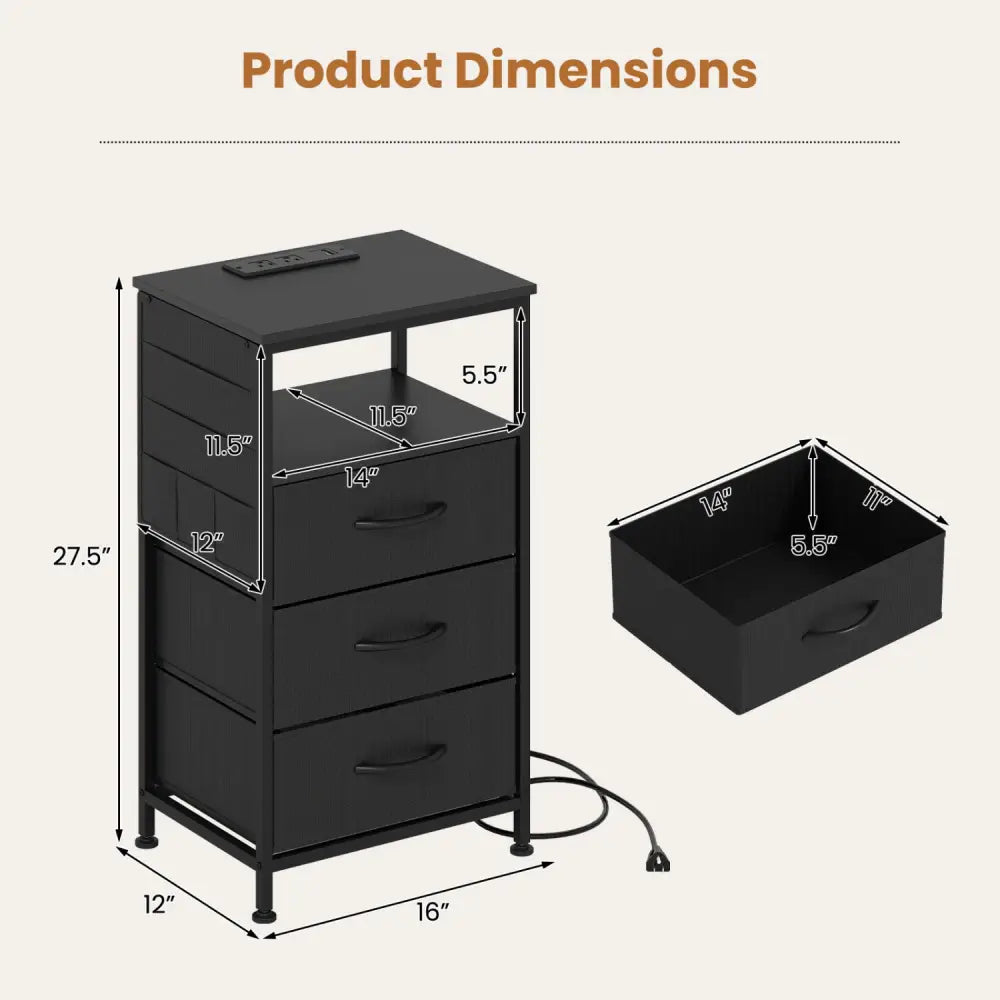 Nightstand with Charging Station 27.5 inch Modern Bedside Table with 3 Fabric Drawers-Black - Black - Nightstands