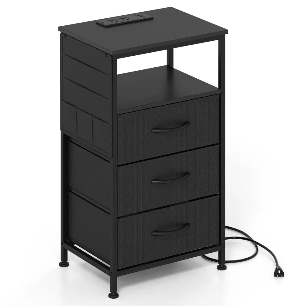 Nightstand with Charging Station 27.5 inch Modern Bedside Table with 3 Fabric Drawers-Black - Black - Nightstands