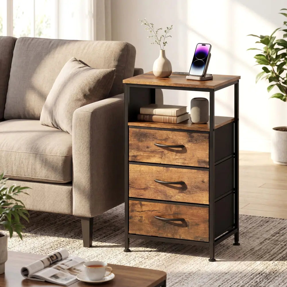 Nightstand with Charging Station 27.5 inch Modern Bedside Table with 3 Fabric Drawers-Rustic Brown - Rustic Brown