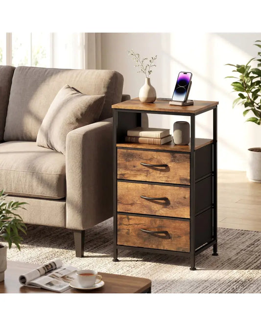 Nightstand with Charging Station 27.5 inch Modern Bedside Table with 3 Fabric Drawers-Rustic Brown - Rustic Brown