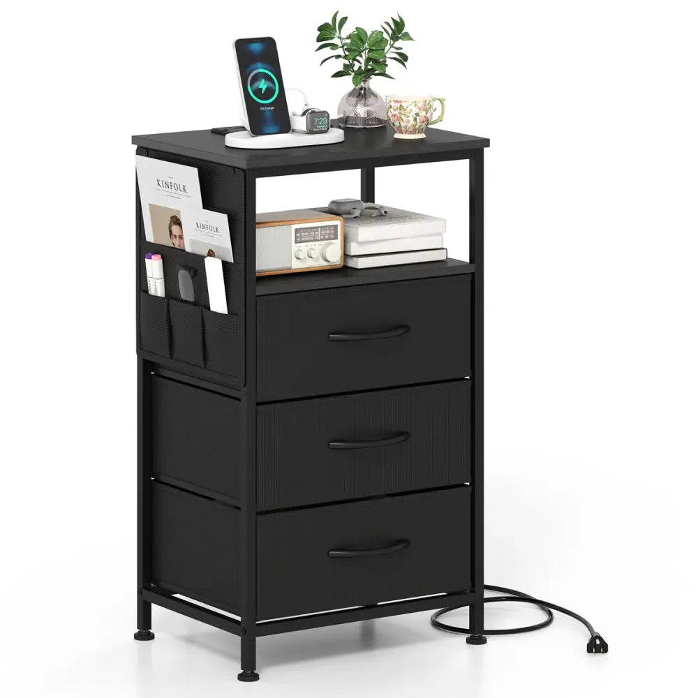 Nightstand with Charging Station 27.5 inch Modern Bedside Table with 3 Fabric Drawers-Black - Black - Nightstands