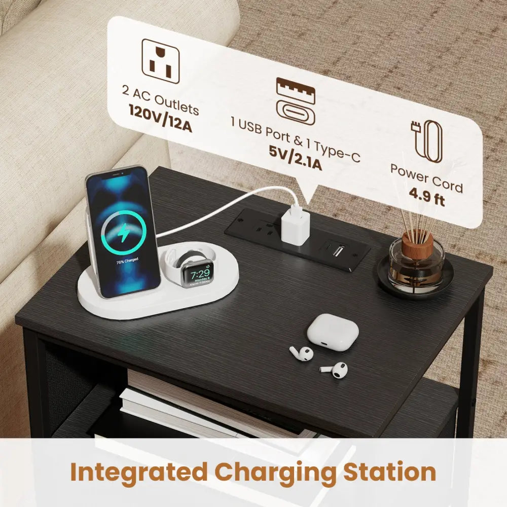 Nightstand with Charging Station 27.5 inch Modern Bedside Table with 3 Fabric Drawers-Black - Black - Nightstands