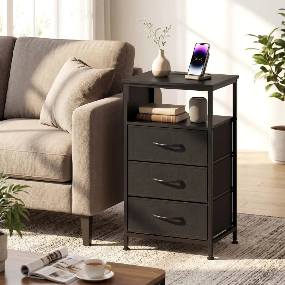 Nightstand with Charging Station 27.5 inch Modern Bedside Table with 3 Fabric Drawers-Black - Black - Nightstands