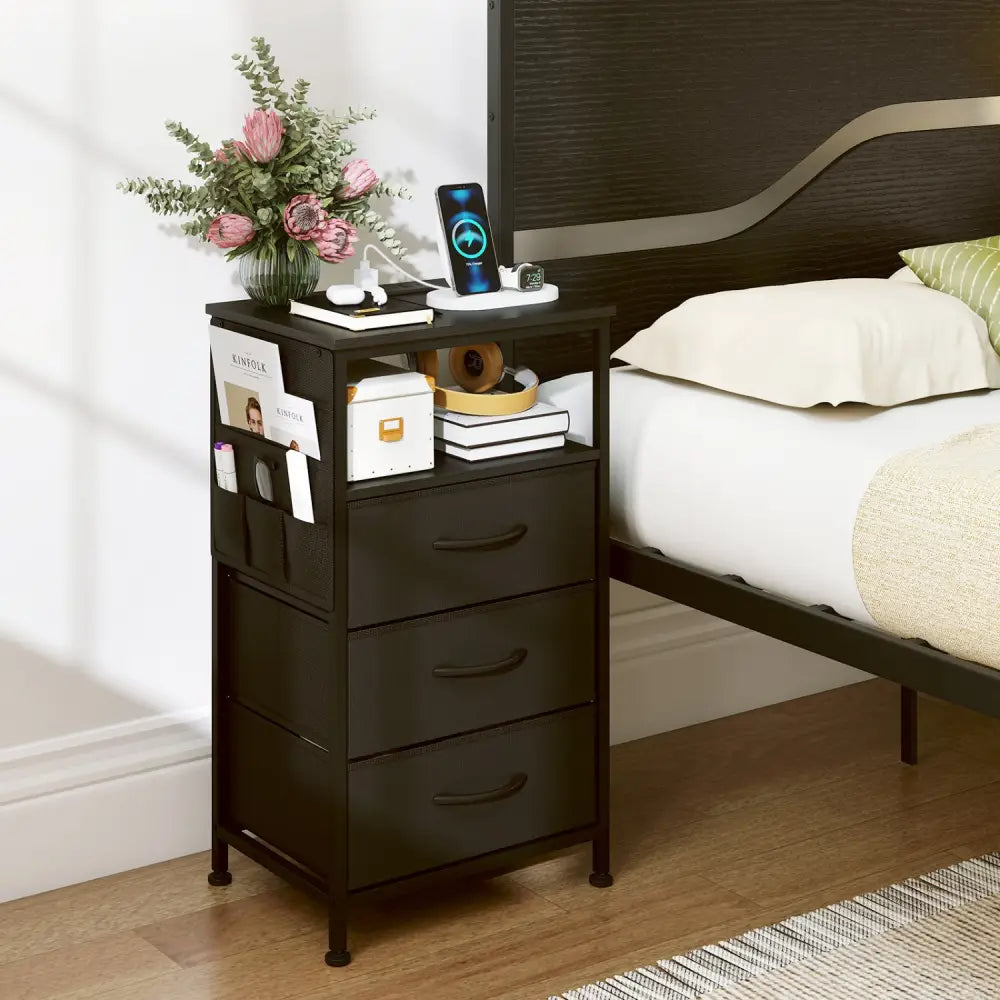 Nightstand with Charging Station 27.5 inch Modern Bedside Table with 3 Fabric Drawers-Black - Black - Nightstands
