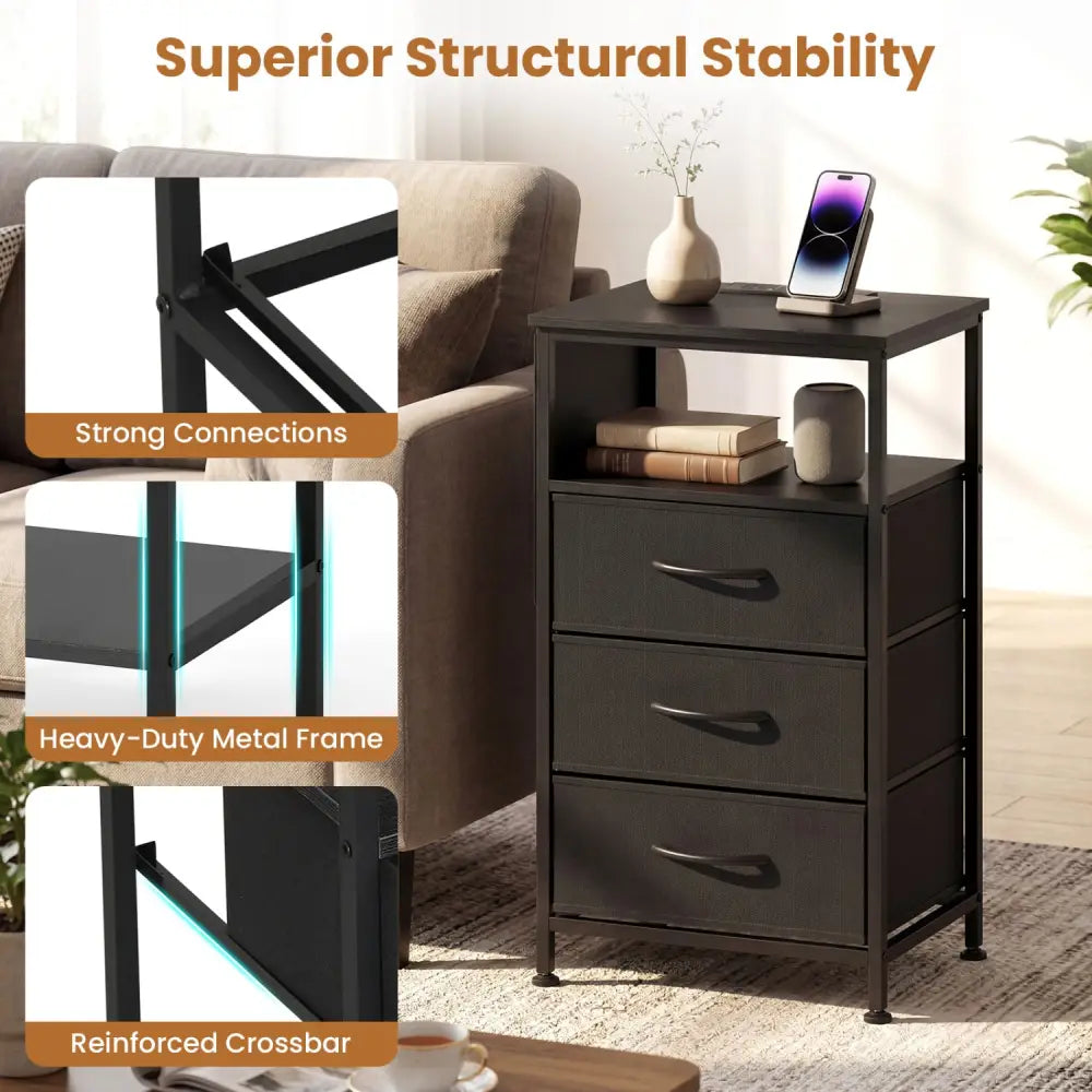 Nightstand with Charging Station 27.5 inch Modern Bedside Table with 3 Fabric Drawers-Black - Black - Nightstands