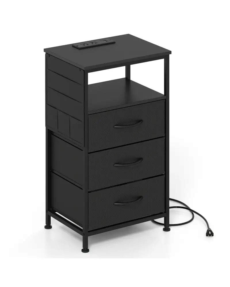Nightstand with Charging Station 27.5 inch Modern Bedside Table with 3 Fabric Drawers-Black - Black - Nightstands