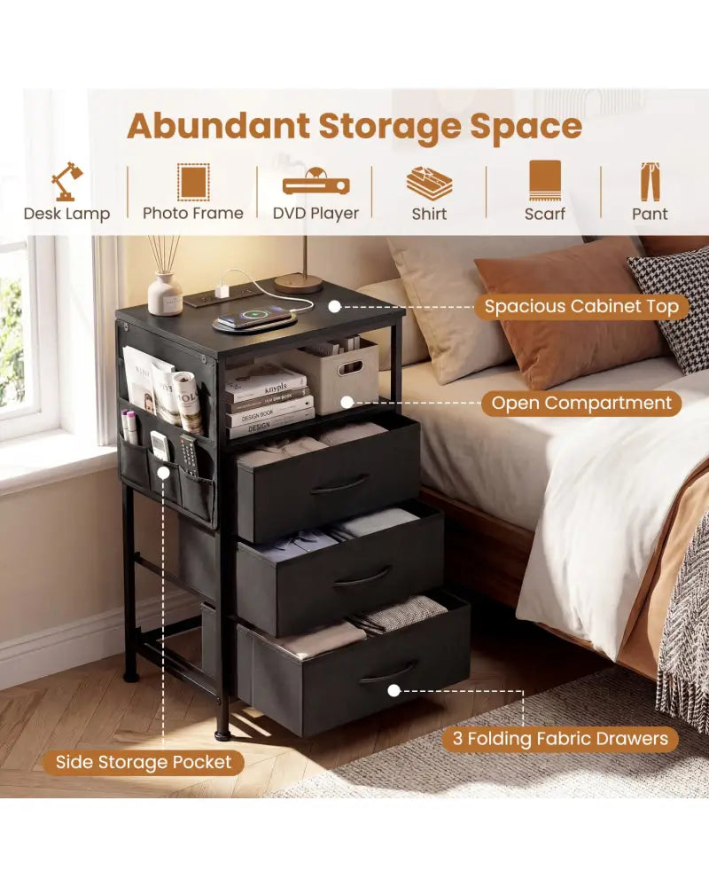 Nightstand with Charging Station 27.5 inch Modern Bedside Table with 3 Fabric Drawers-Black - Black - Nightstands