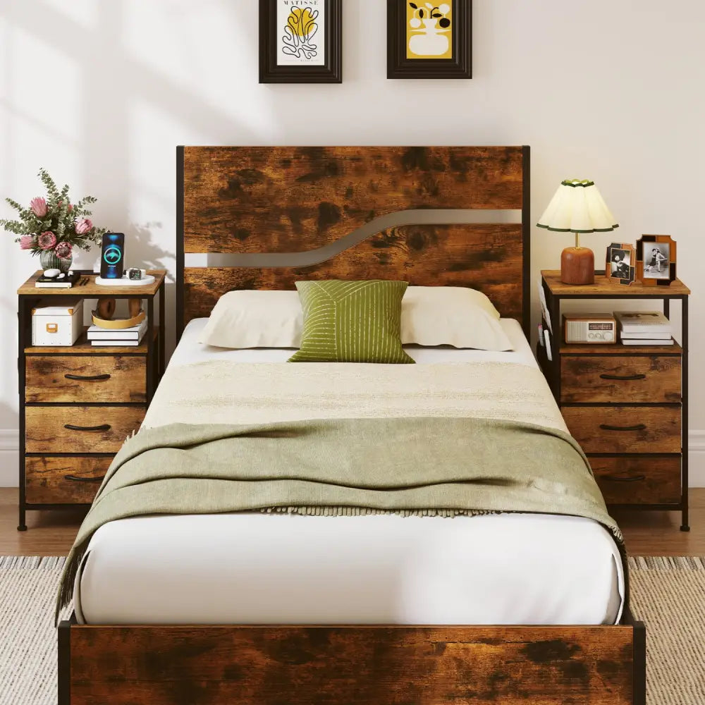 Nightstand with Charging Station 27.5 inch Modern Bedside Table with 3 Fabric Drawers-Rustic Brown - Rustic Brown
