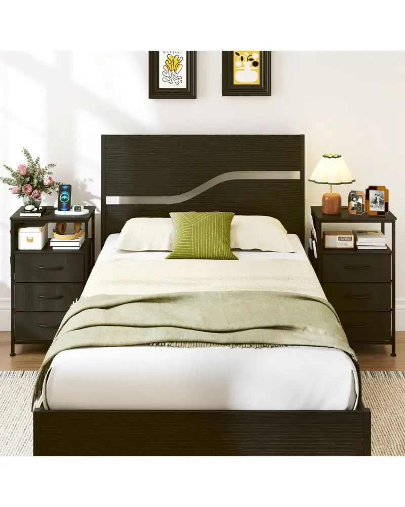 Nightstand with Charging Station 27.5 inch Modern Bedside Table with 3 Fabric Drawers-Black - Black - Nightstands