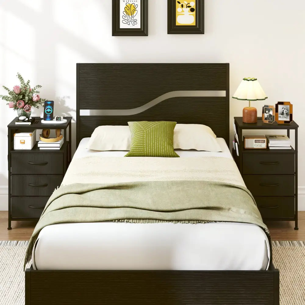 Nightstand with Charging Station 27.5 inch Modern Bedside Table with 3 Fabric Drawers-Black - Black - Nightstands