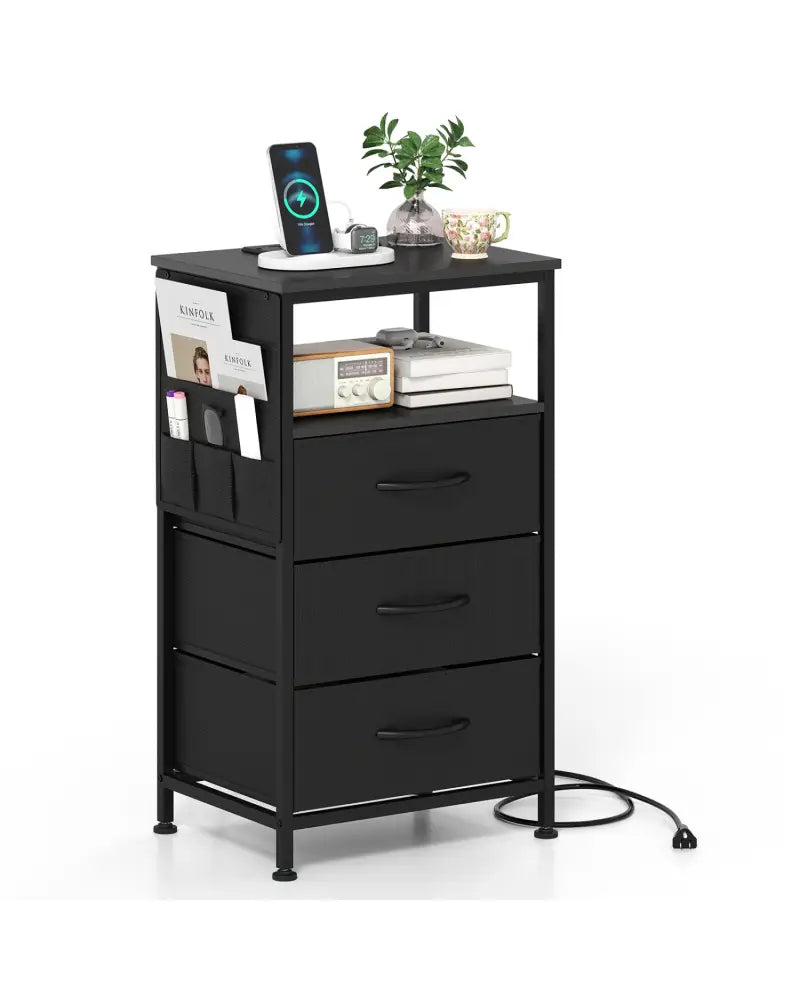 Nightstand with Charging Station 27.5 inch Modern Bedside Table with 3 Fabric Drawers-Black - Black - Nightstands