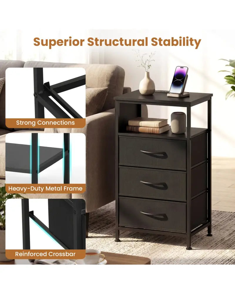 Nightstand with Charging Station 27.5 inch Modern Bedside Table with 3 Fabric Drawers-Black - Black - Nightstands