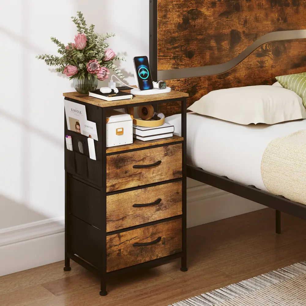 Nightstand with Charging Station 27.5 inch Modern Bedside Table with 3 Fabric Drawers-Rustic Brown - Rustic Brown