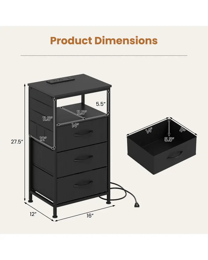 Nightstand with Charging Station 27.5 inch Modern Bedside Table with 3 Fabric Drawers-Black - Black - Nightstands