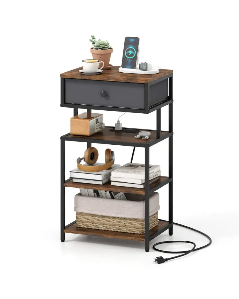 Nightstand with Charging Station 28 Inch Tall Bedside Table with Fabric Drawer-Rustic Brown - Rustic Brown - Nightstands