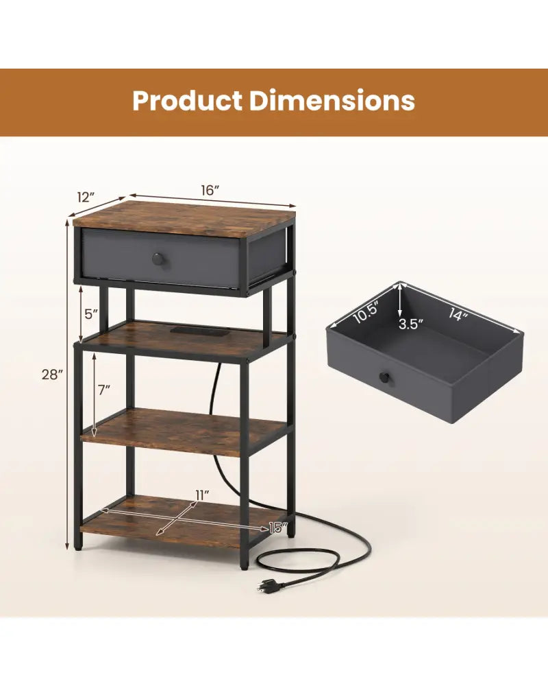 Nightstand with Charging Station 28 Inch Tall Bedside Table with Fabric Drawer-Rustic Brown - Rustic Brown - Nightstands