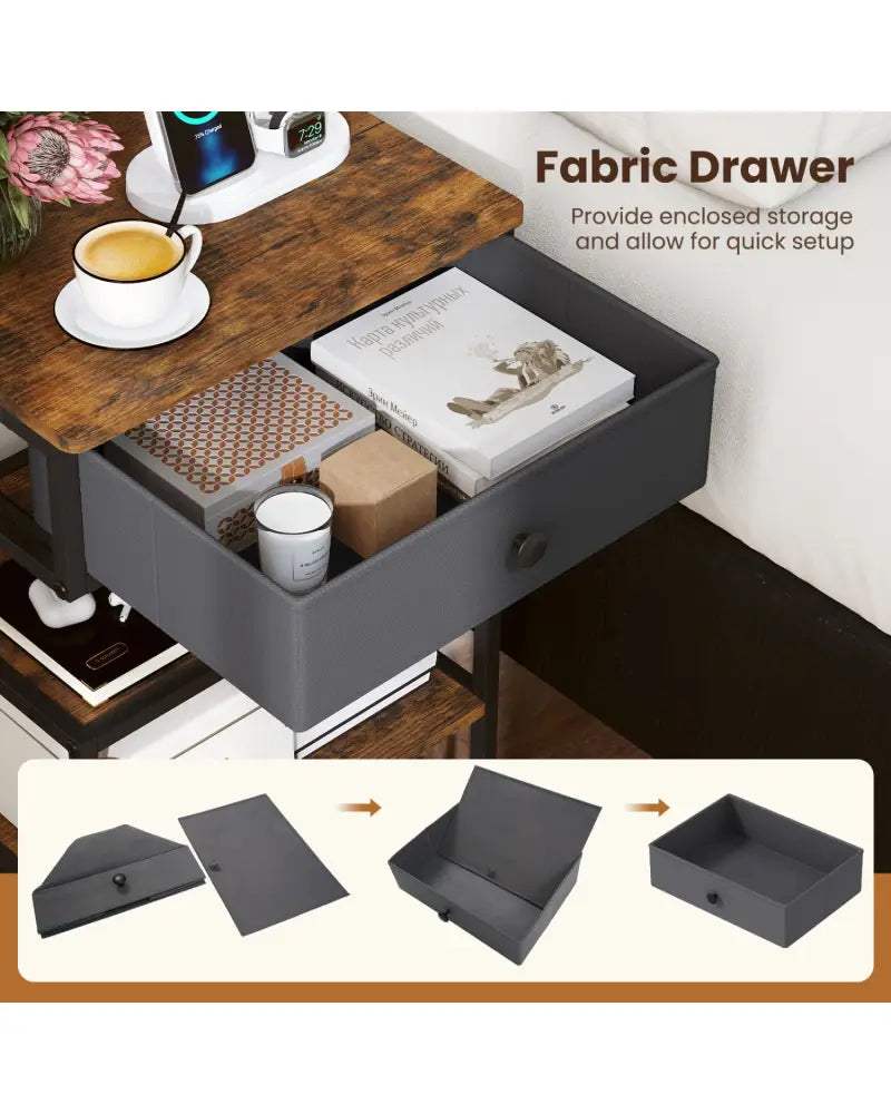 Nightstand with Charging Station 28 Inch Tall Bedside Table with Fabric Drawer-Rustic Brown - Rustic Brown - Nightstands