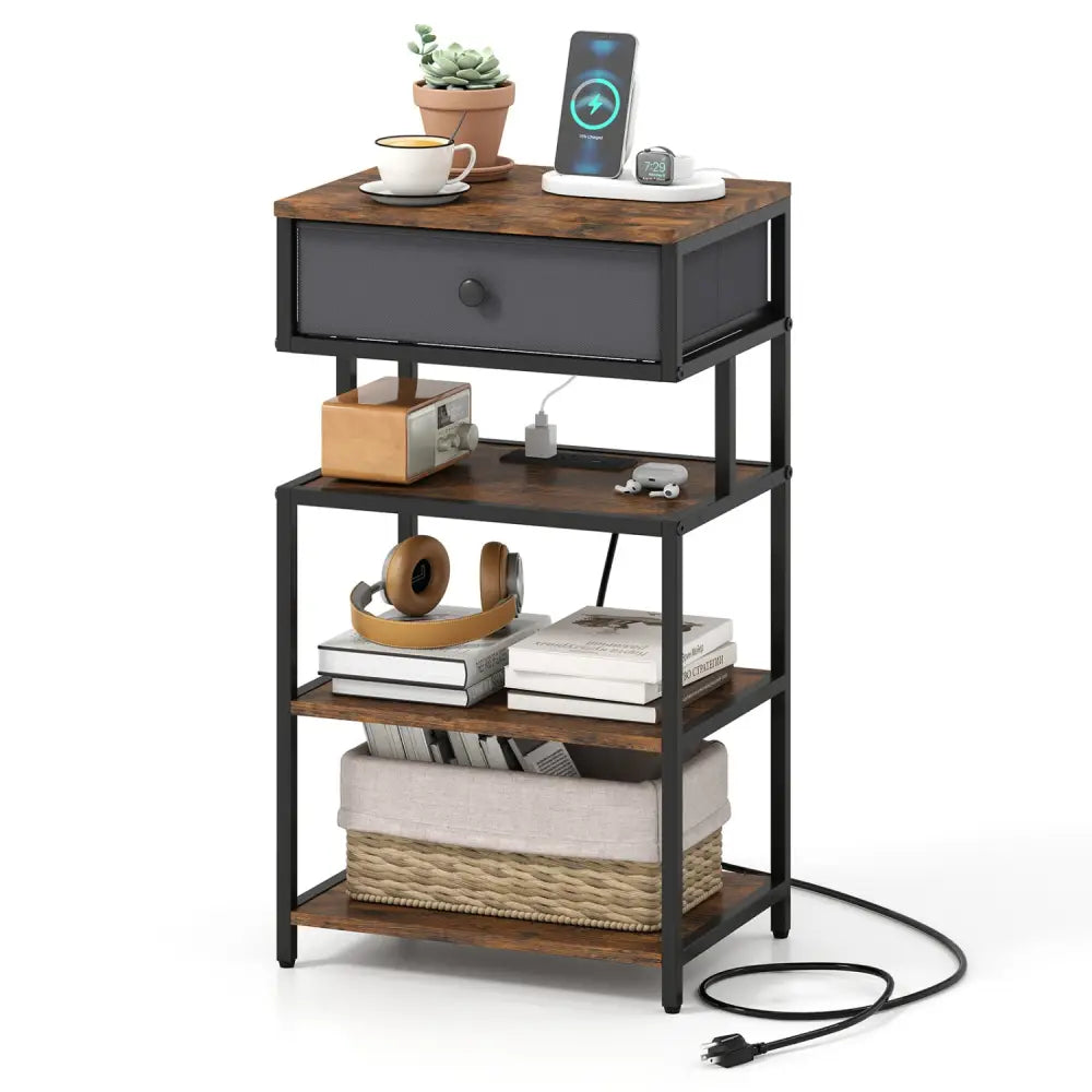 Nightstand with Charging Station 28 Inch Tall Bedside Table with Fabric Drawer-Rustic Brown - Rustic Brown - Nightstands