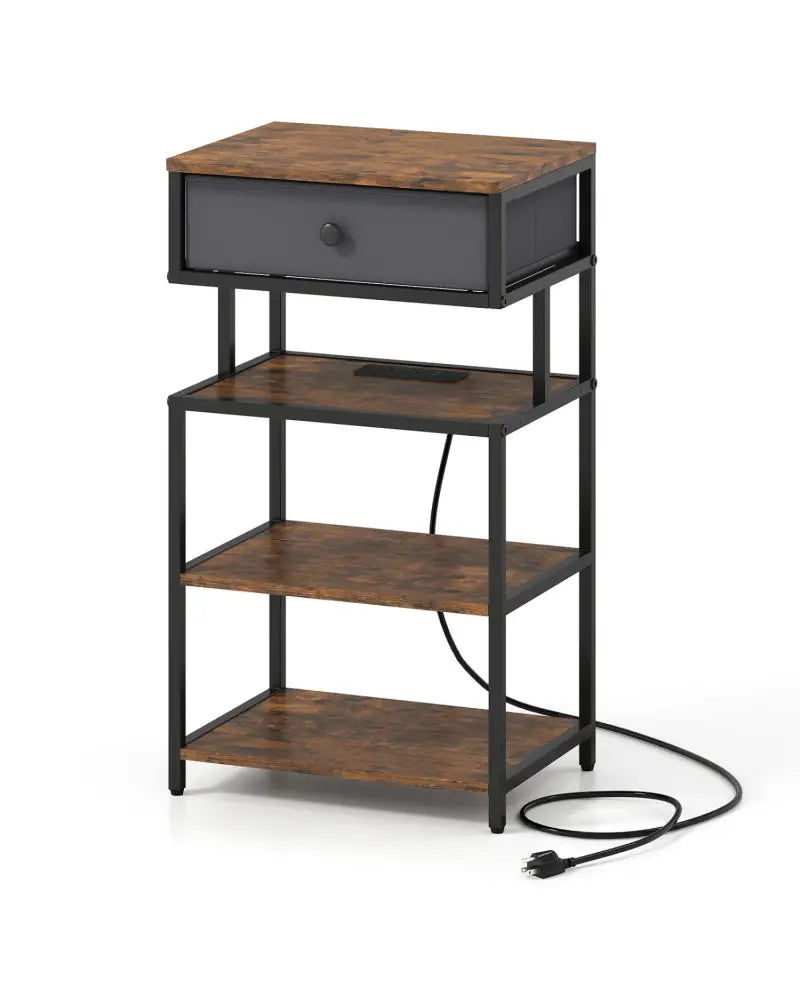 Nightstand with Charging Station 28 Inch Tall Bedside Table with Fabric Drawer-Rustic Brown - Rustic Brown - Nightstands