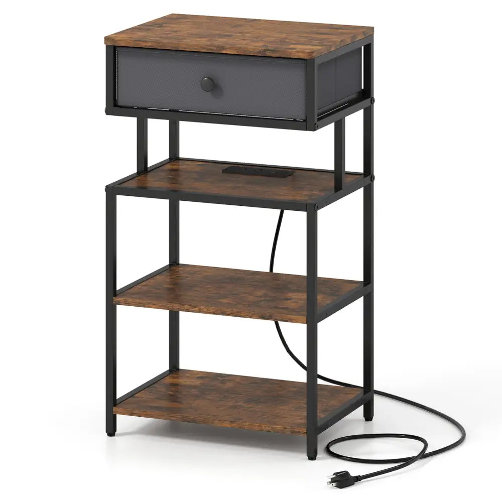 Nightstand with Charging Station 28 Inch Tall Bedside Table with Fabric Drawer-Rustic Brown - Rustic Brown - Nightstands