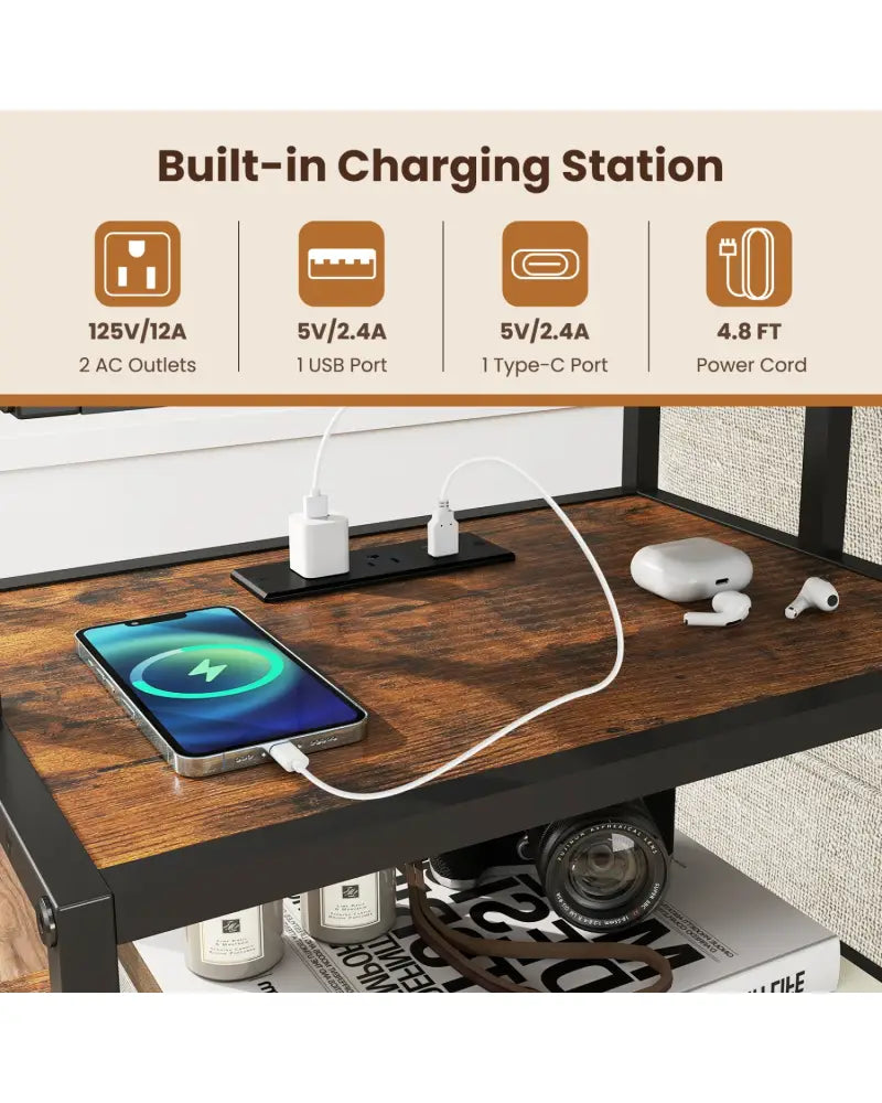 Nightstand with Charging Station 28 Inch Tall Bedside Table with Fabric Drawer-Rustic Brown - Rustic Brown - Nightstands