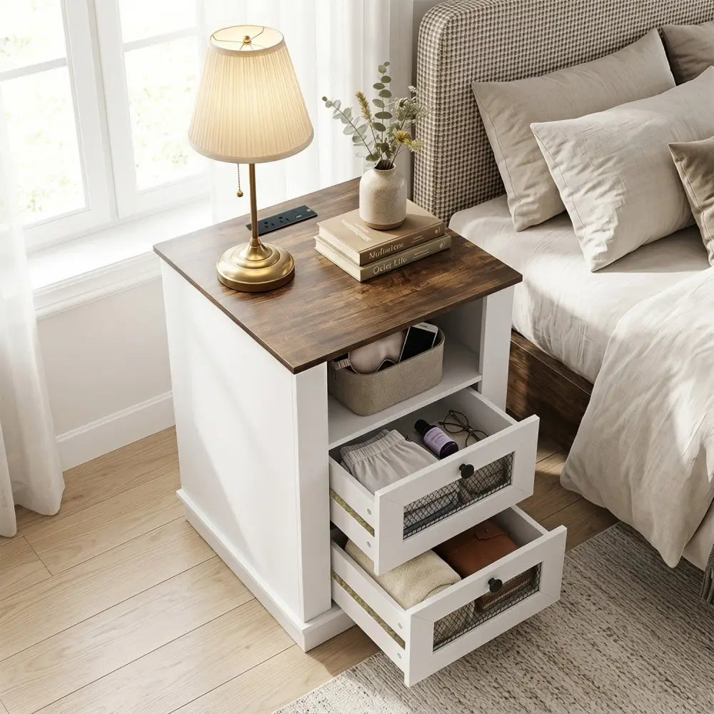 Nightstand with Charging Station and 2 Drawers Storage Compartment for Bedroom-Rustic Brown - Rustic Brown - Nightstands
