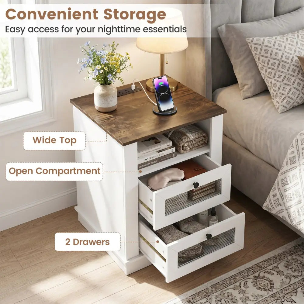 Nightstand with Charging Station and 2 Drawers Storage Compartment for Bedroom-Rustic Brown - Rustic Brown - Nightstands