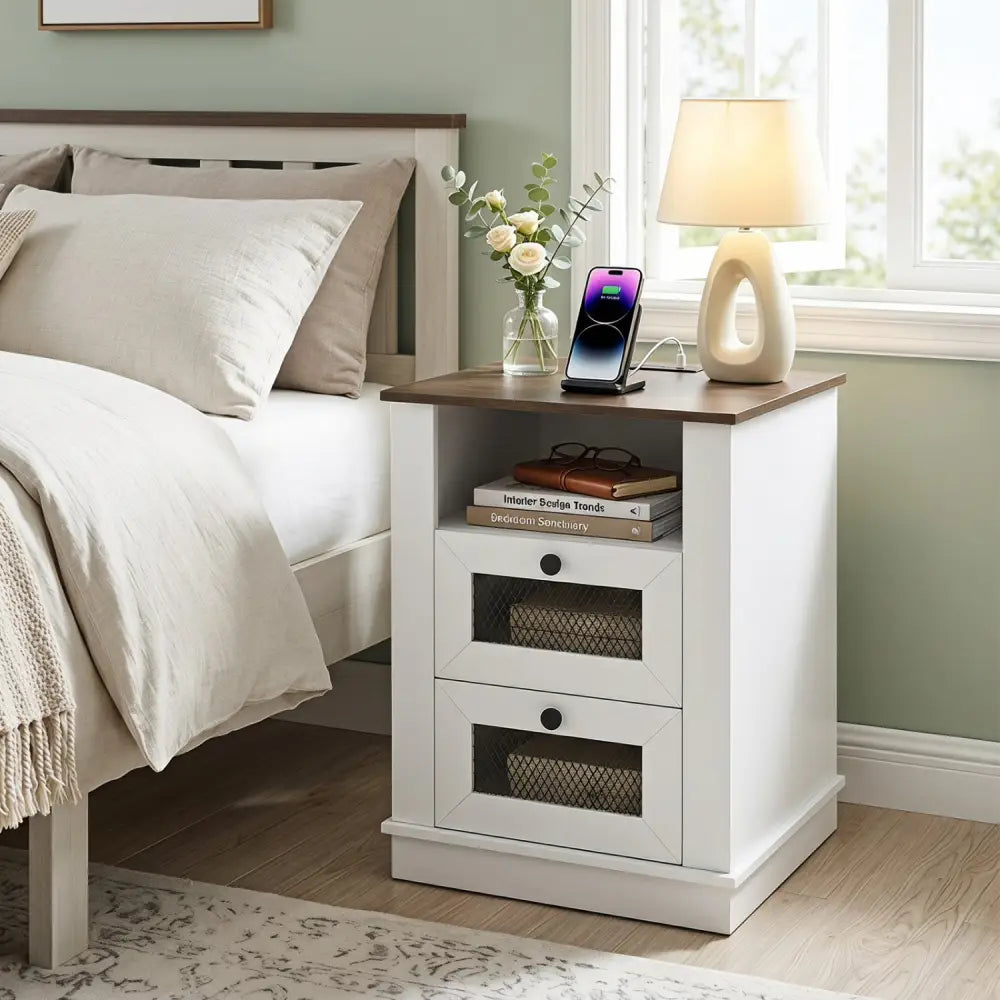 Nightstand with Charging Station and 2 Drawers Storage Compartment for Bedroom-Rustic Brown - Rustic Brown - Nightstands