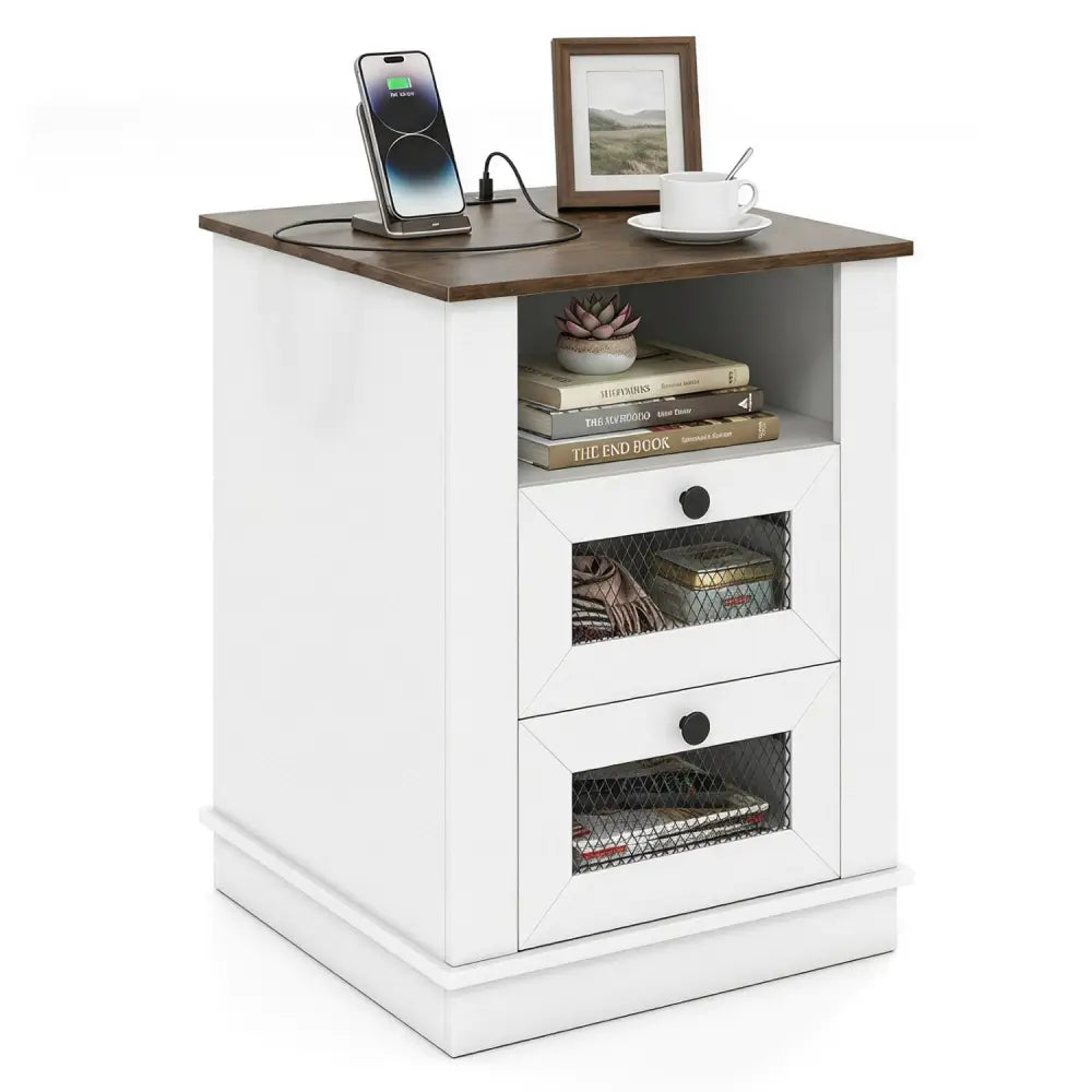 Nightstand with Charging Station and 2 Drawers Storage Compartment for Bedroom-Rustic Brown - Rustic Brown - Nightstands