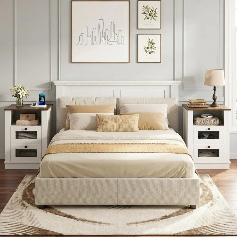 Nightstand with Charging Station and 2 Drawers Storage Compartment for Bedroom-Rustic Brown - Rustic Brown - Nightstands