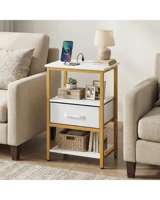 Nightstand with Charging Station and Adjustable Fabric Drawer for Bedroom and Living Room-1 Piece - Nightstands