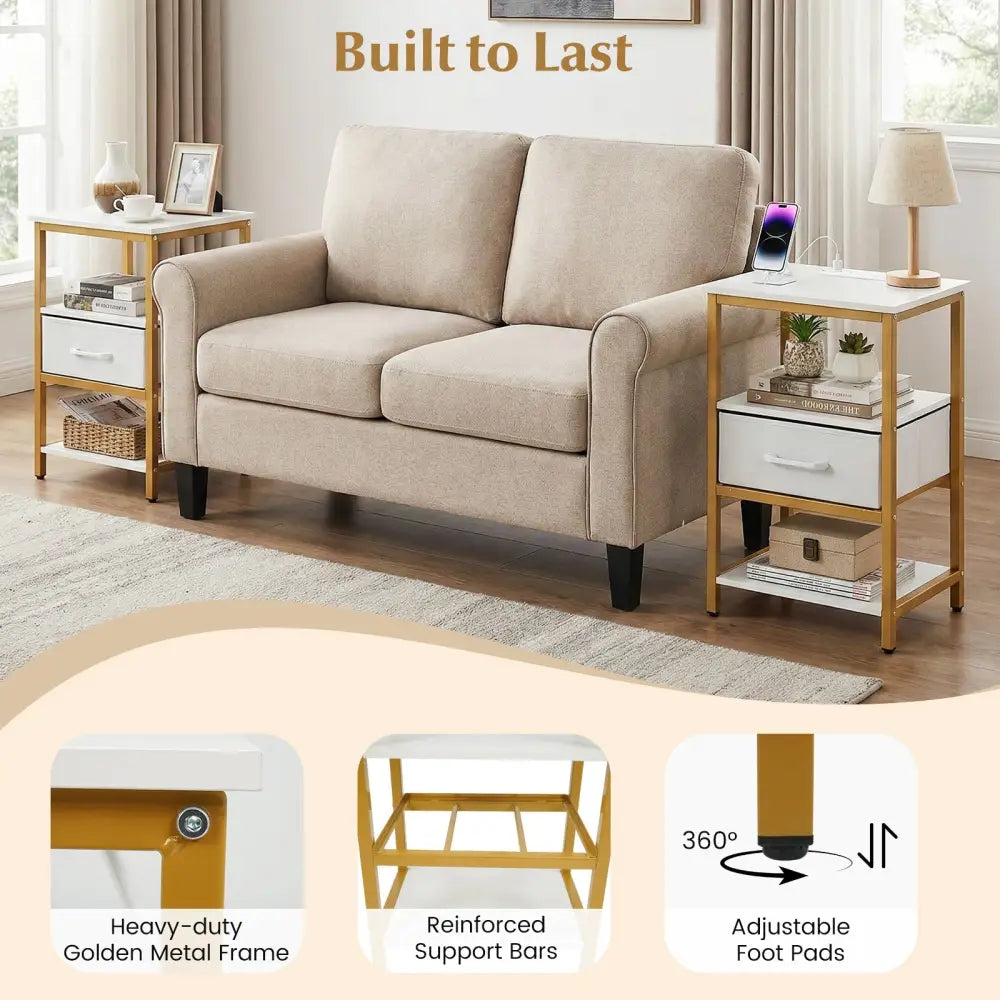 Nightstand with Charging Station and Adjustable Fabric Drawer for Bedroom and Living Room-Set of 2 - Nightstands
