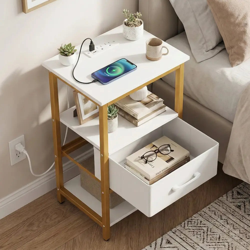 Nightstand with Charging Station and Adjustable Fabric Drawer for Bedroom and Living Room-1 Piece - Nightstands