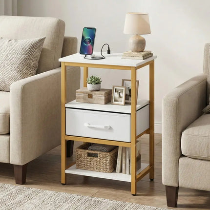 Nightstand with Charging Station and Adjustable Fabric Drawer for Bedroom and Living Room-1 Piece - Nightstands