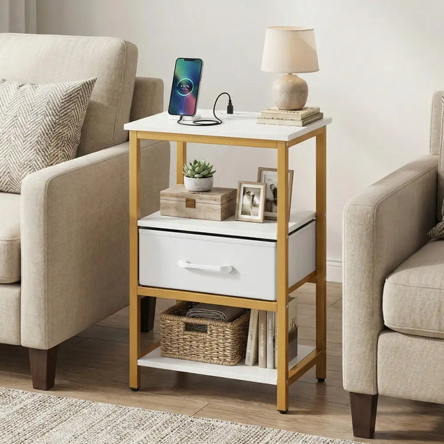 Nightstand with Charging Station and Adjustable Fabric Drawer for Bedroom and Living Room-1 Piece - Nightstands