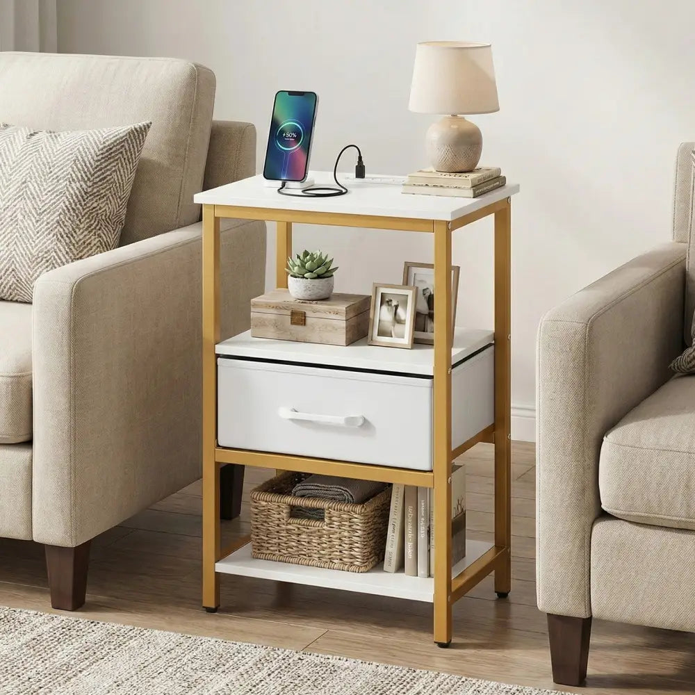Nightstand with Charging Station and Adjustable Fabric Drawer for Bedroom and Living Room-1 Piece - Nightstands