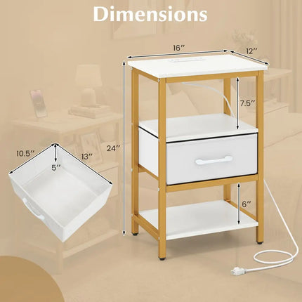Nightstand with Charging Station and Adjustable Fabric Drawer for Bedroom and Living Room-Set of 2 - Nightstands
