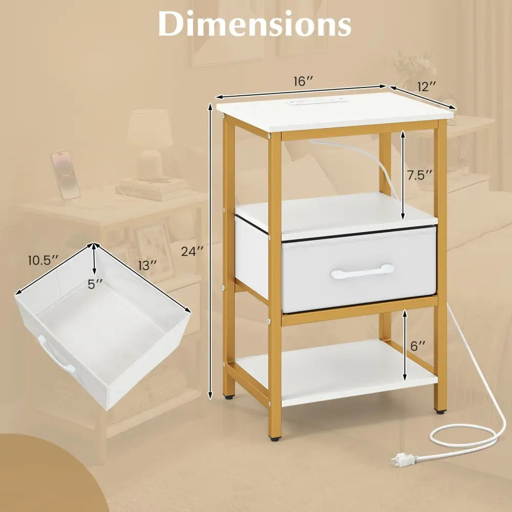 Nightstand with Charging Station and Adjustable Fabric Drawer for Bedroom and Living Room-Set of 2 - Nightstands