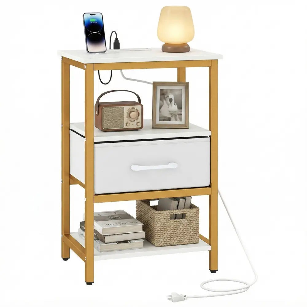Nightstand with Charging Station and Adjustable Fabric Drawer for Bedroom and Living Room-1 Piece - Nightstands