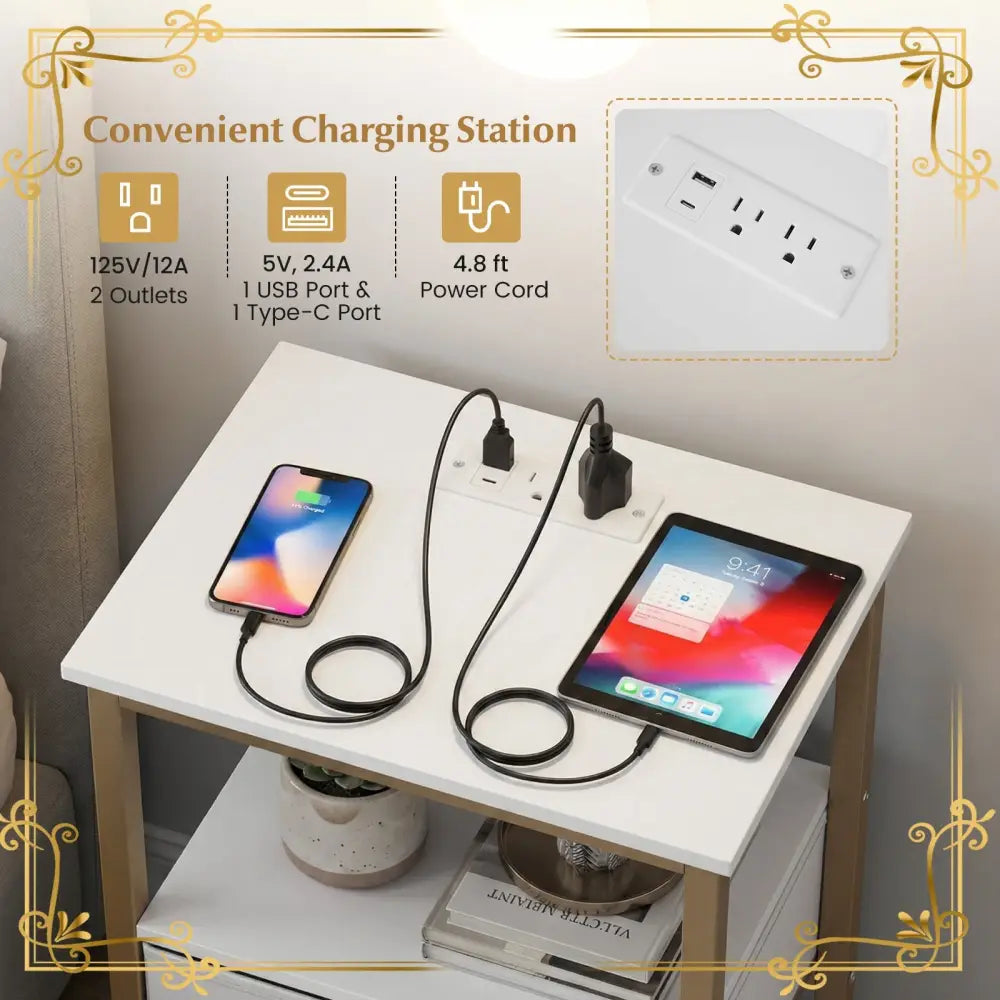 Nightstand with Charging Station and Adjustable Fabric Drawer for Bedroom and Living Room-Set of 2 - Nightstands