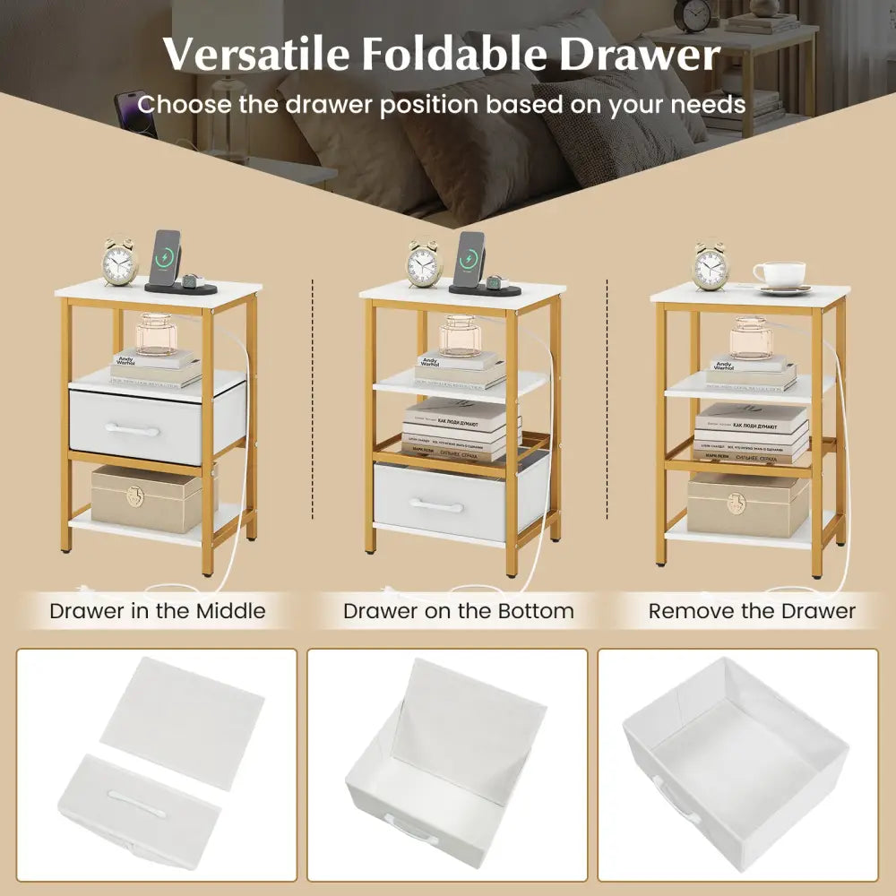 Nightstand with Charging Station and Adjustable Fabric Drawer for Bedroom and Living Room-1 Piece - Nightstands