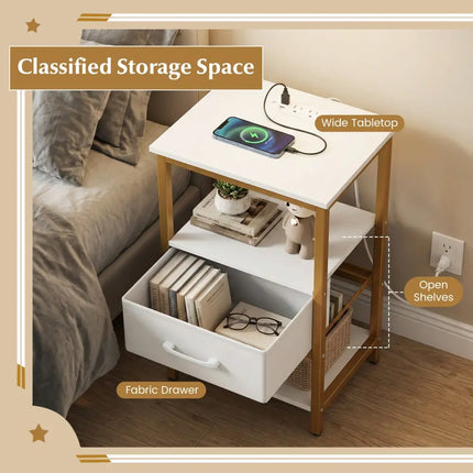 Nightstand with Charging Station and Adjustable Fabric Drawer for Bedroom and Living Room-Set of 2 - Nightstands