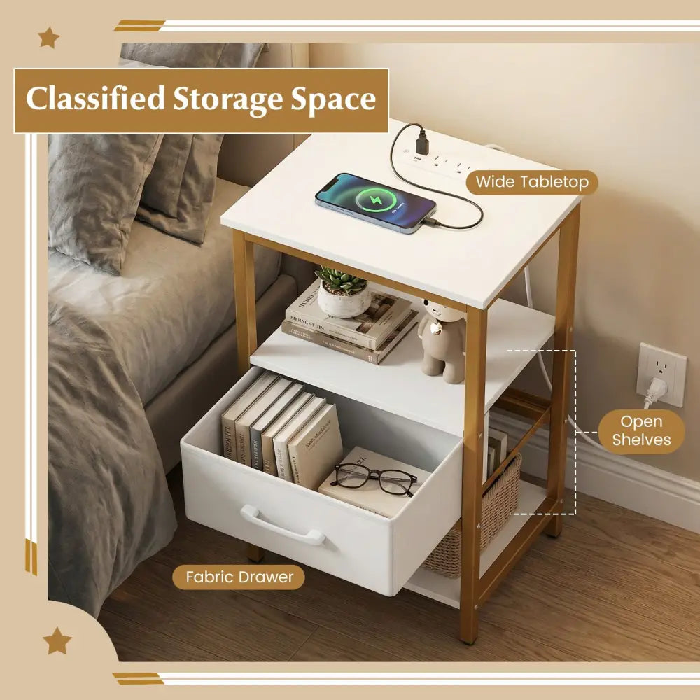 Nightstand with Charging Station and Adjustable Fabric Drawer for Bedroom and Living Room-Set of 2 - Nightstands