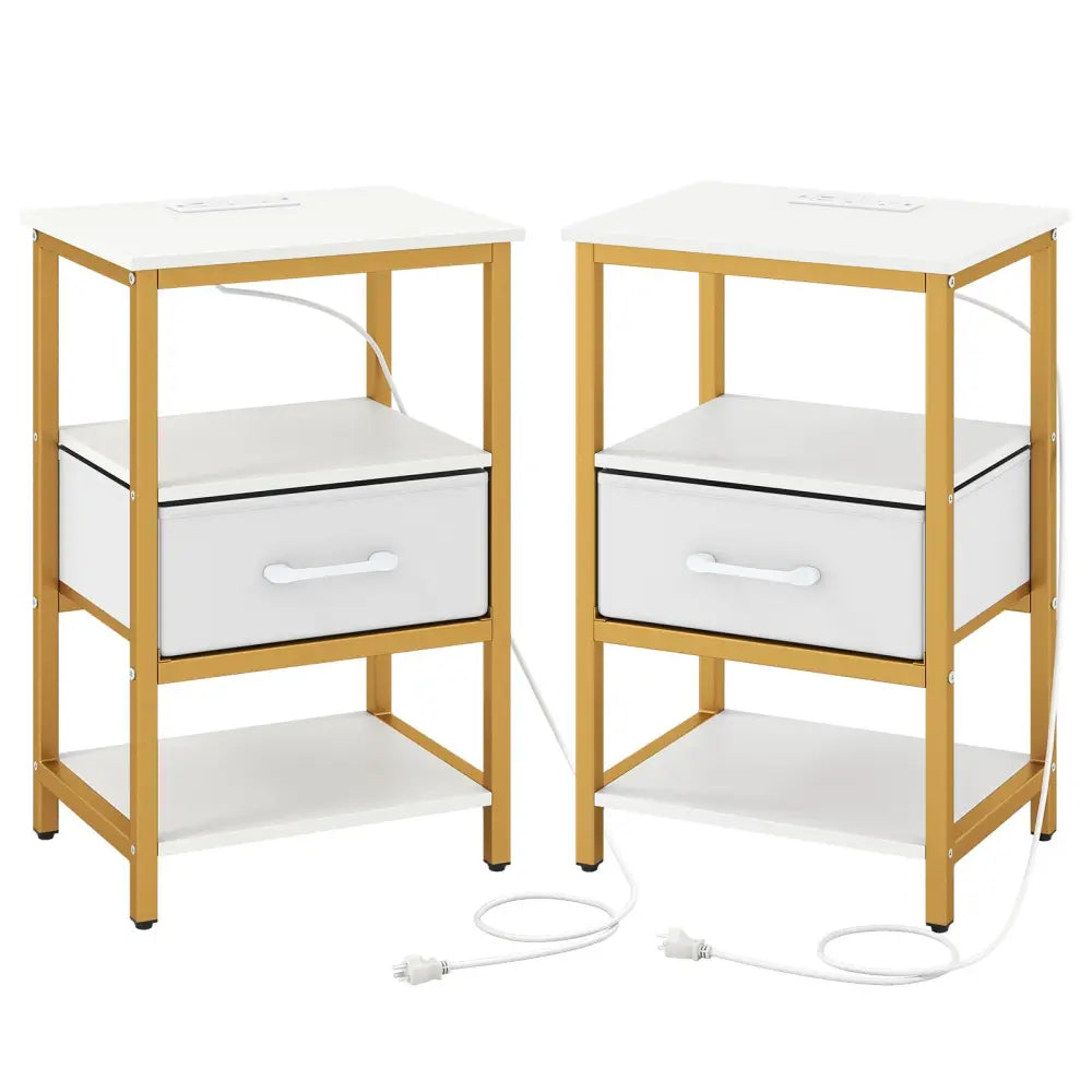 Nightstand with Charging Station and Adjustable Fabric Drawer for Bedroom and Living Room-Set of 2 - Nightstands