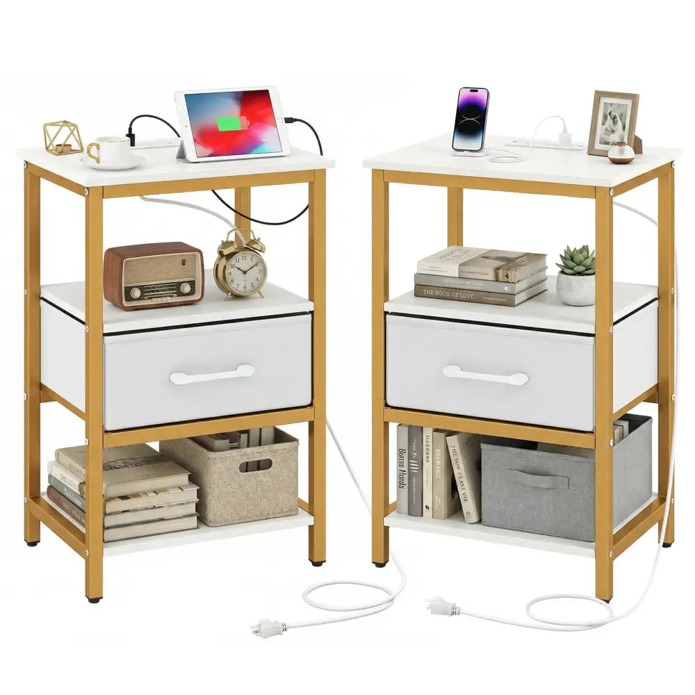 Nightstand with Charging Station and Adjustable Fabric Drawer for Bedroom and Living Room-Set of 2 - Nightstands