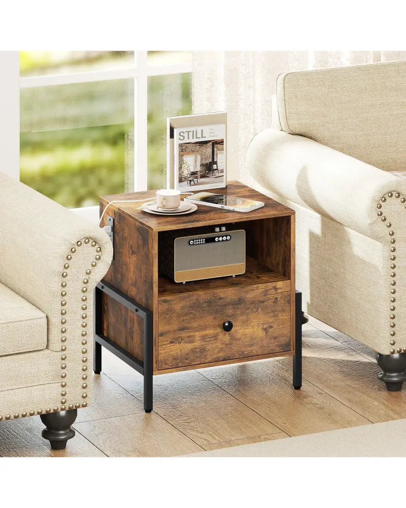 Nightstand with Charging Station and Drawer Sofa Side Table-Rustic Brown - Rustic Brown - Nightstands