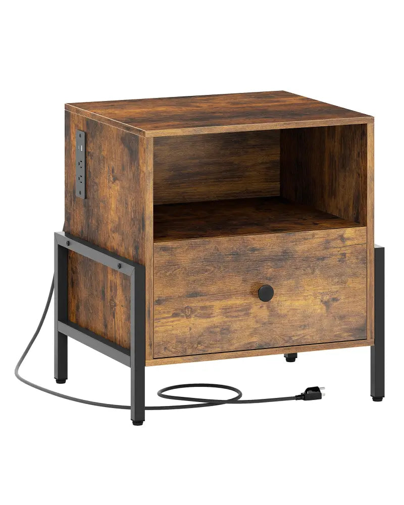 Nightstand with Charging Station and Drawer Sofa Side Table-Rustic Brown - Rustic Brown - Nightstands