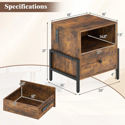 Nightstand with Charging Station and Drawer Sofa Side Table-Rustic Brown - Rustic Brown - Nightstands